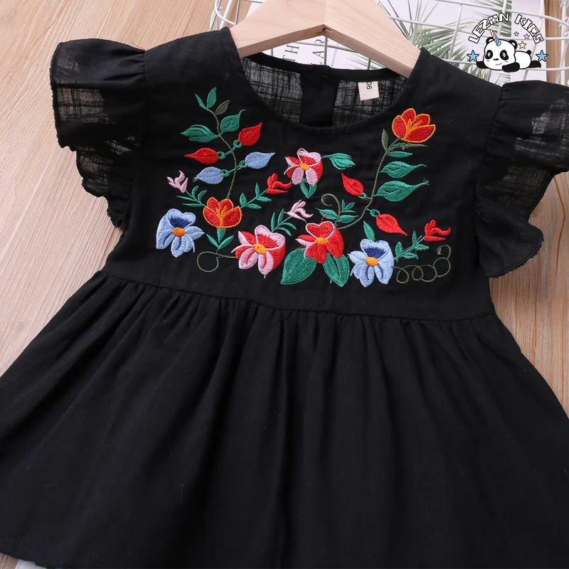 LEZONKIDS - Customized Girls Clothing Toddler Girls Clothing Sets Ruffle Flower Embroidery Short Girls Set